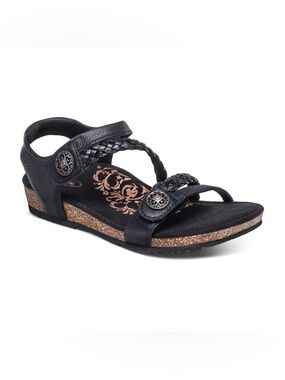 Aetrex Black Leather Jillian Braided Quarter Strap Wedge Sandal Womens Size 10